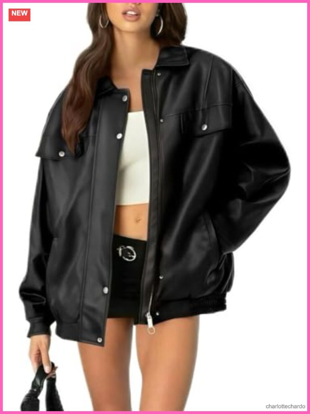 Oversized Faux Leather Bomber Jacket PU Vintage Zip Up Moto Coat